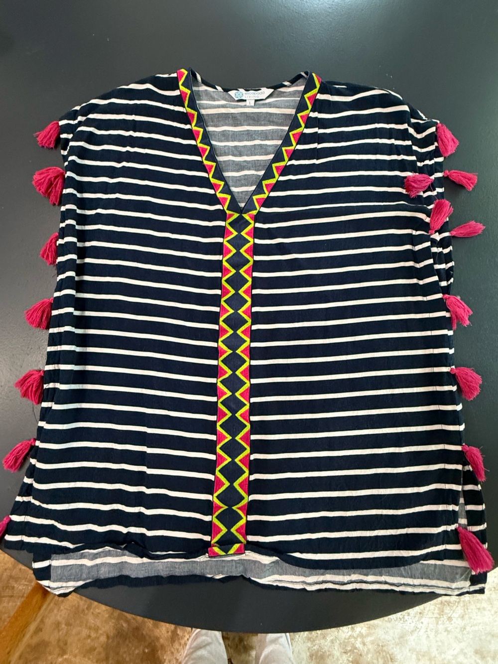 escapada Navy and White Striped Tassel Tunic with Pink and Yellow Trim